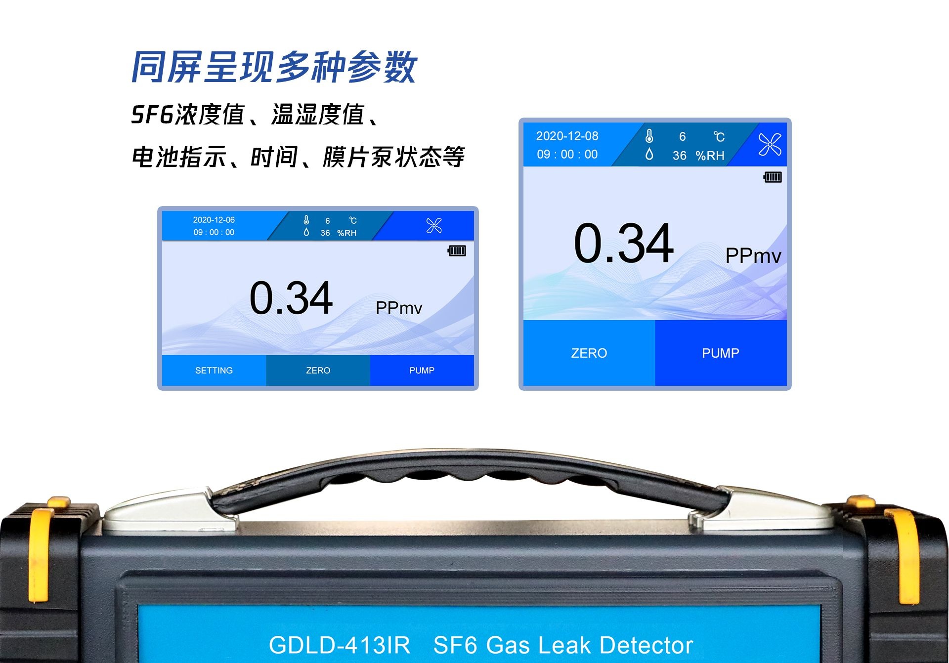 同屏呈現(xiàn)多種參數(shù)，SF6濃度值，溫濕度值，電池指示、時(shí)間、膜片泵狀態(tài)等